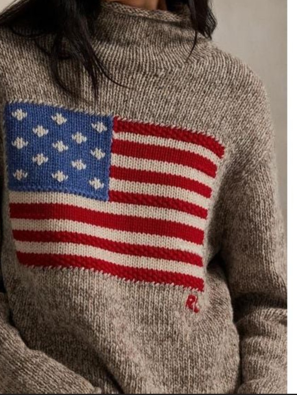 Polo Ralph Lauren American Flag Funnel Neck Sweater Khaki Tan